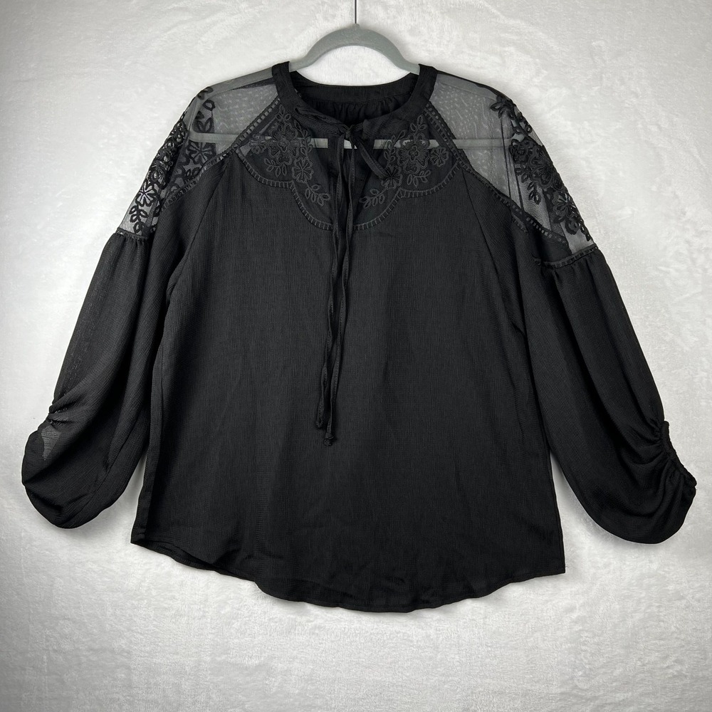 Women's Black Blouse Size Small Lace Sleeves Shoulders Tie Front‎ Ballon Sleeves